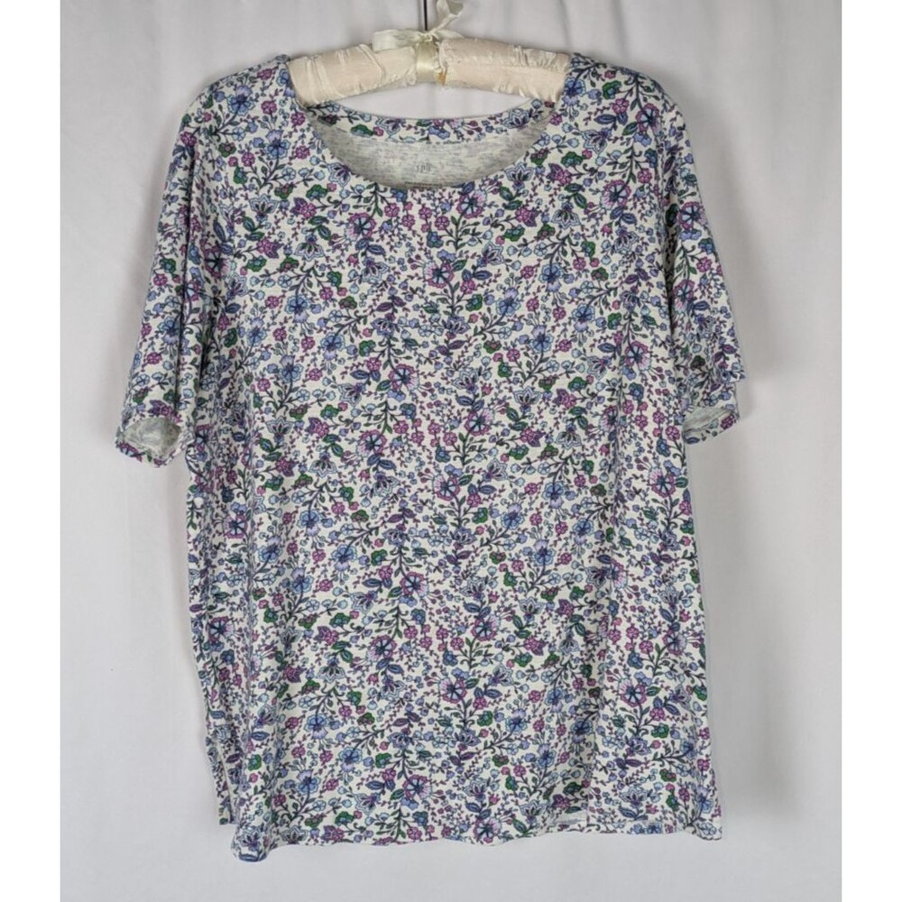 J. Jill Floral Puma Slub Scoop Neck Side Slit Short Sleeve T-Shirt Top Size XL